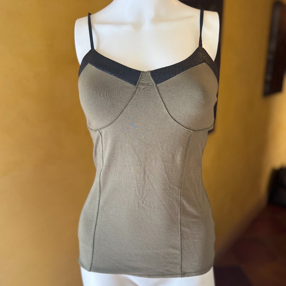 Y2K Express “Best Loved Cami” Olive Green with Faux Leather Trim – Size S